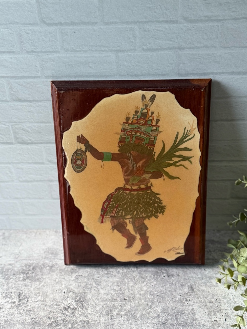 Vintage Signed Cliff Bahnimpewa Hemis Kachina Lacquered Painting Wooden Plaque